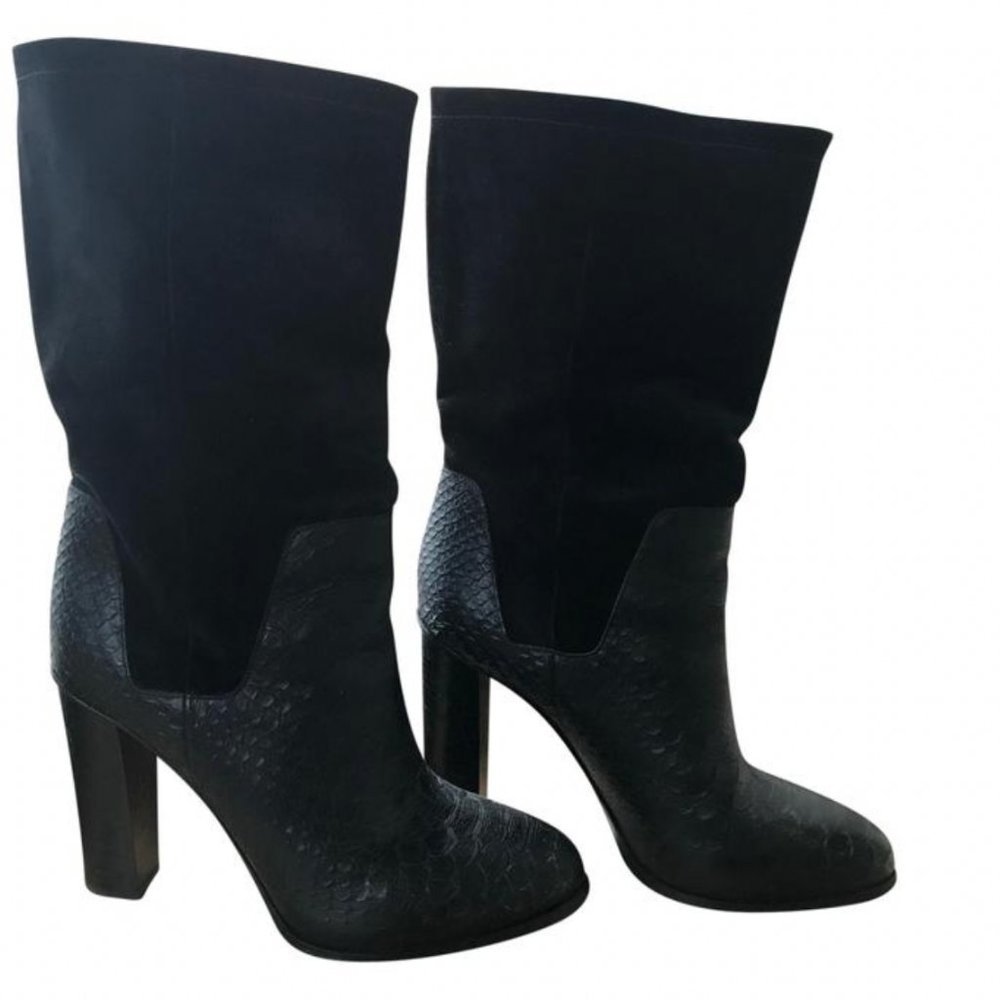 Vince Black Python Embossed Leather And Suede Boo… - image 1